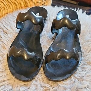 Melissa Wind Slide Wavy Straps Black Shiny Rubber Size US 10 Sandals